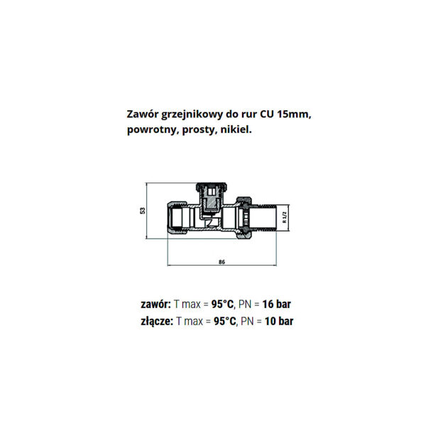 Zawór grzejnikowy zasilający 1/2″ Cu prosty Eskimos DN15