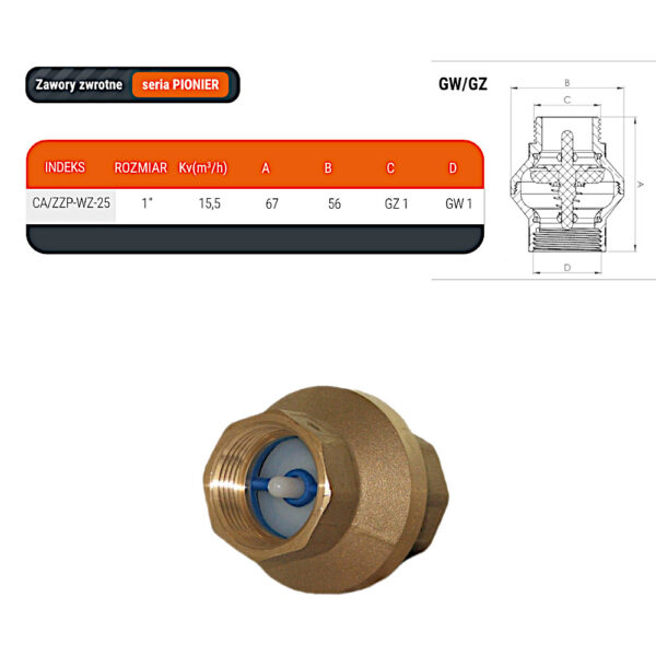 Zawór zwrotny Pionier Dn25 WZ wymiary Zawór zwrotny 1″ w/z Pionier DN25