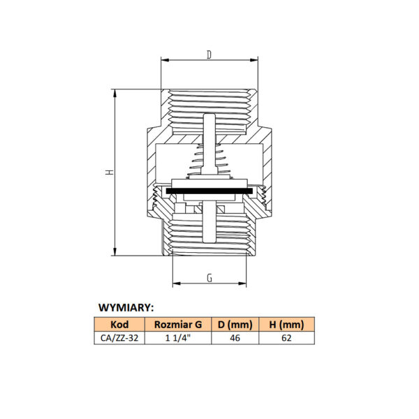 Zawór zwrotny 1 1/4″  z grzybem mosiężnym DN32